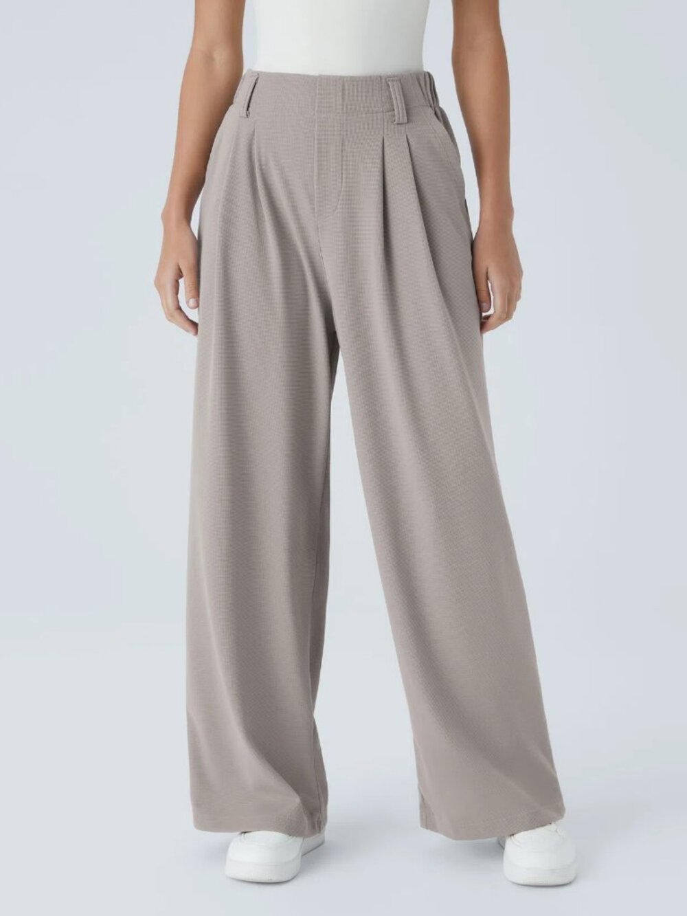Halara Wide Leg Pleated Trousers Women Large GREY High Waist Waffle Knit Casual